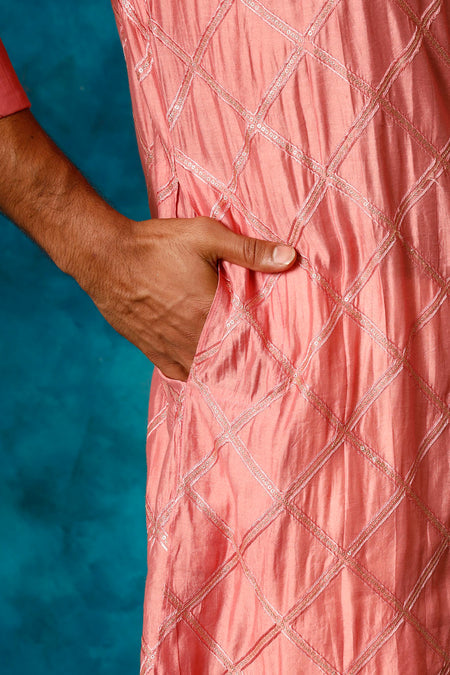 SHRESTHA BY VASTRAMAY Men's Onion Pink Chanderi Cotton Embellished Kurta Pant Set